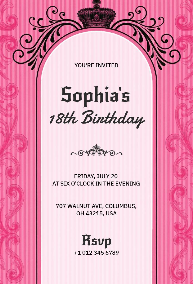 Elegant Pink Crown Themed 18th Birthday Invitation Template