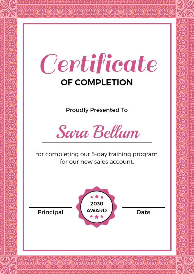Elegant Pink Floral Design Completion Certificate Template
