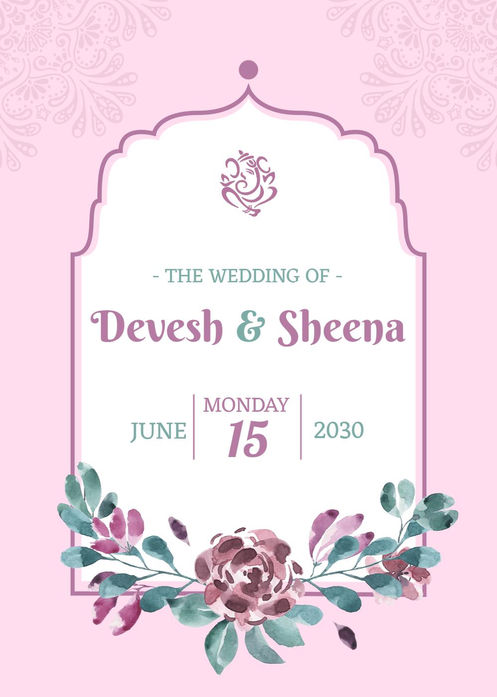 Elegant Pink Floral Indian Wedding Celebration Invitation Template