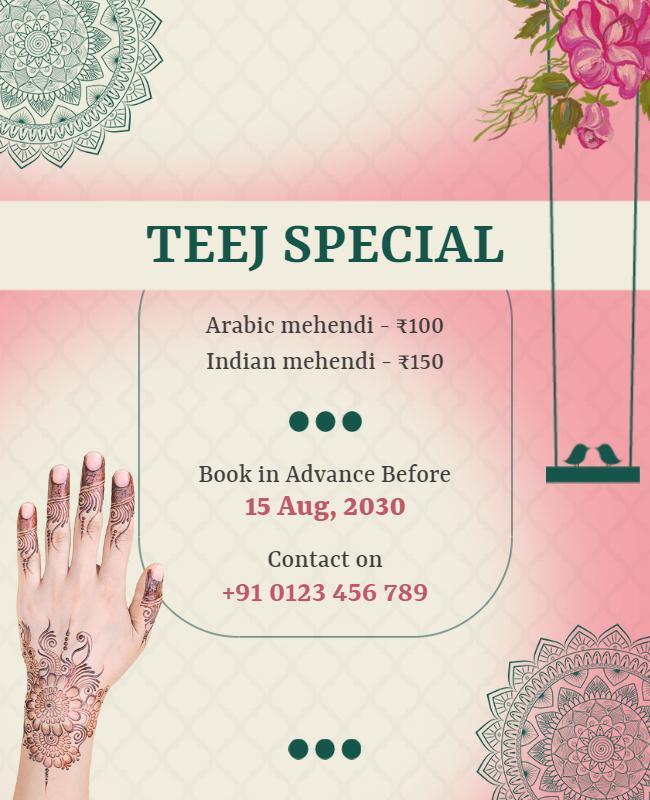 Elegant Pink Floral Teej Mehndi Booking Poster Template