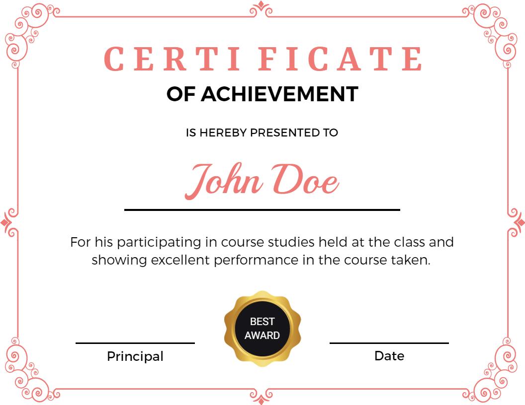 Elegant Pink Flourished Achievement Presentation Certificate Template
