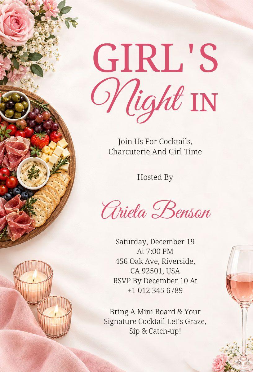 Elegant Pink Girl's Night in Charcuterie Invitation Template