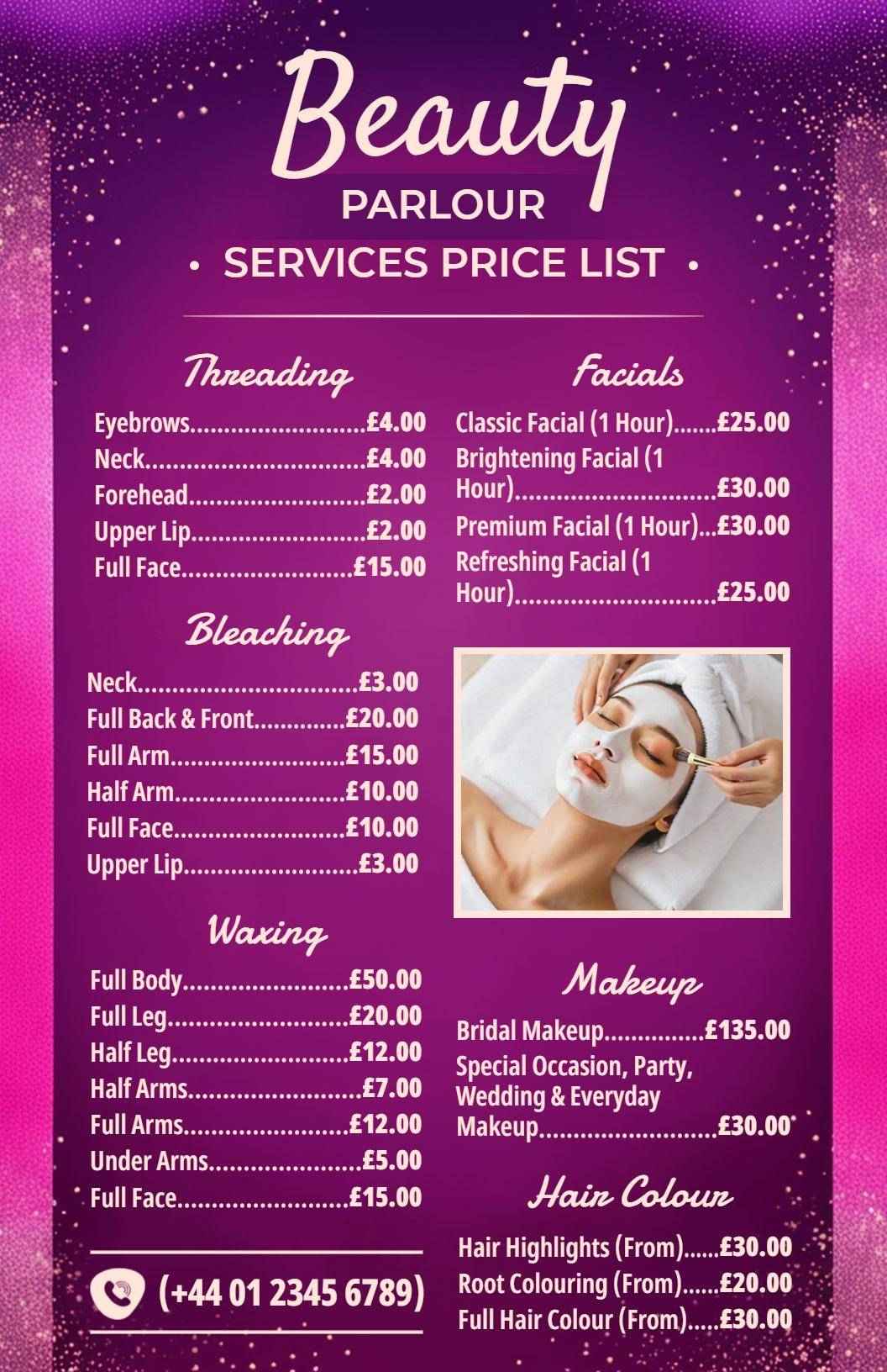 Elegant Pink Glitter Beauty Parlour Price List Template