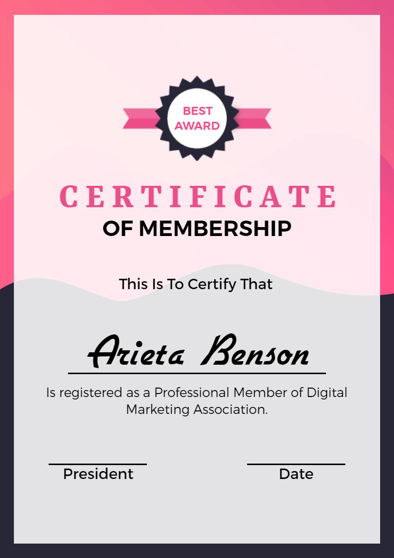 Elegant Pink Gradient Membership Recognition Certificate Template
