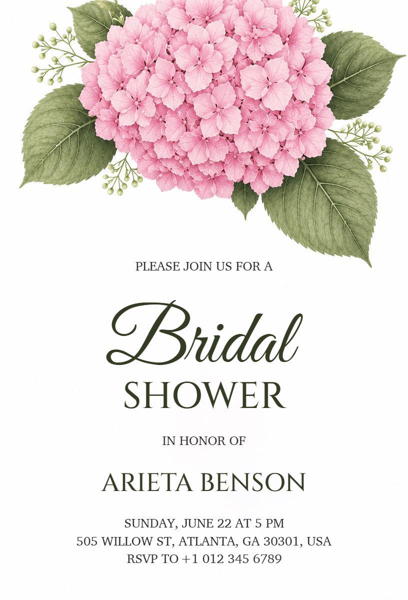 Elegant Pink Hydrangea Floral Bridal Shower Invitation Template