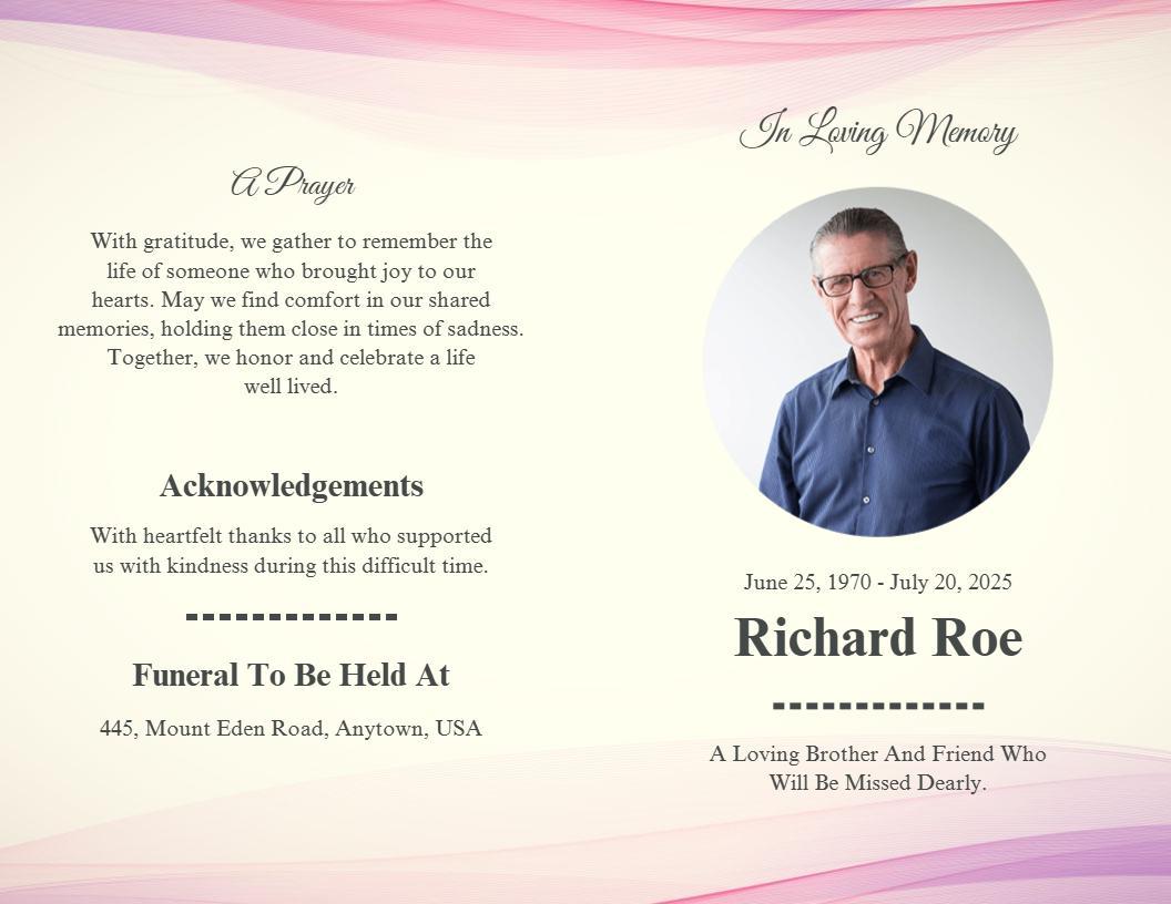 Elegant Pink In Loving Memory Funeral Program Brochure Template