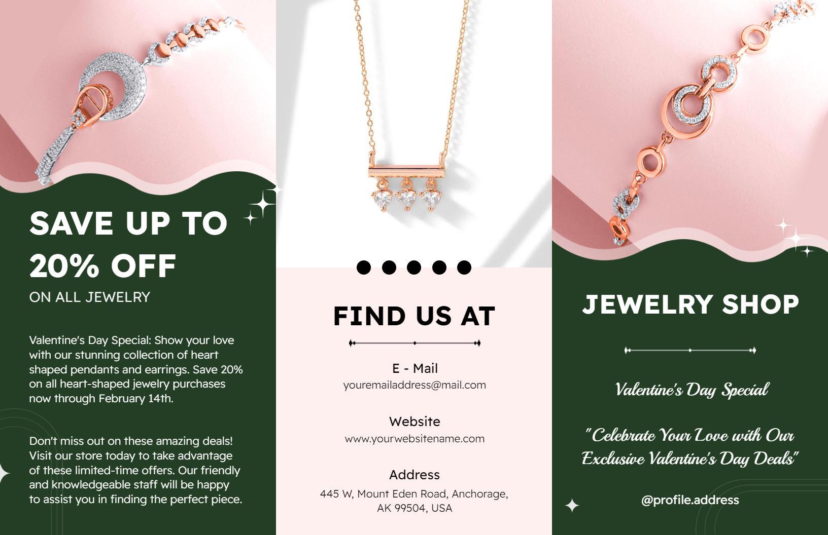 Elegant Pink Jewelry Shop Valentine's Day Discount Brochure Template