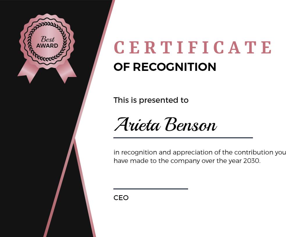 Elegant Pink Ribbon Design Recognition Award Certificate Template