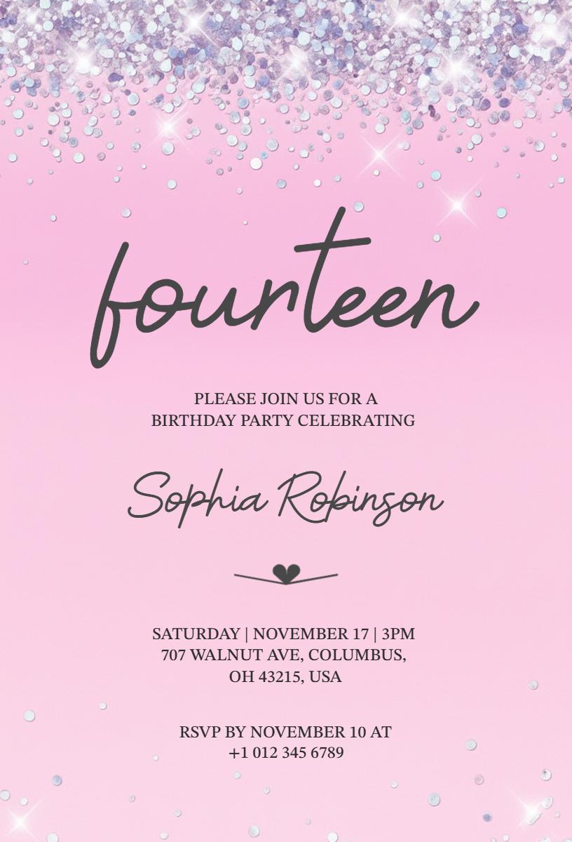 Elegant Pink Sparkle Fourteen Birthday Celebration Invitation Template