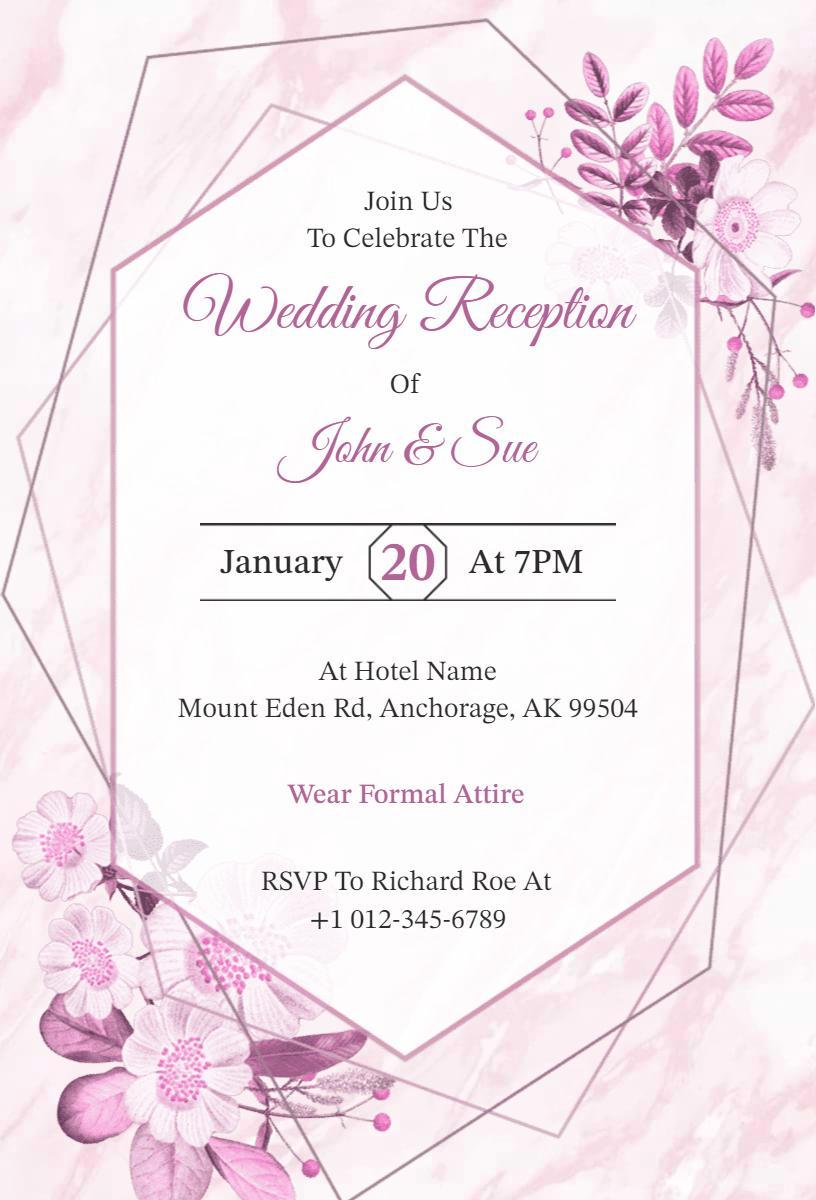 Elegant Pink Wedding Reception Celebration Invitation Template