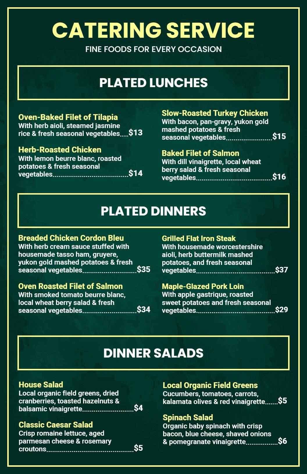 Elegant Plated Lunches and Dinners with Fresh Ingredients Catering Menu Template