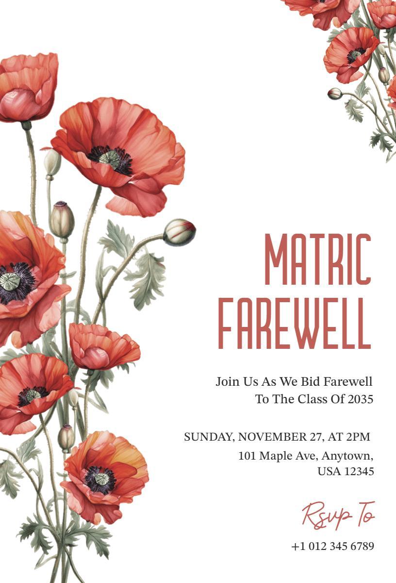 Elegant Poppy Floral Matric Farewell Celebration Invitation Template