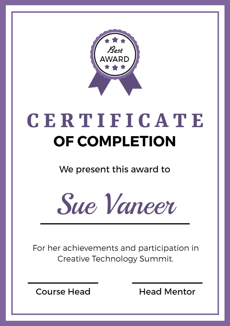 Elegant Purple Achievement Recognition Completion Certificate Template