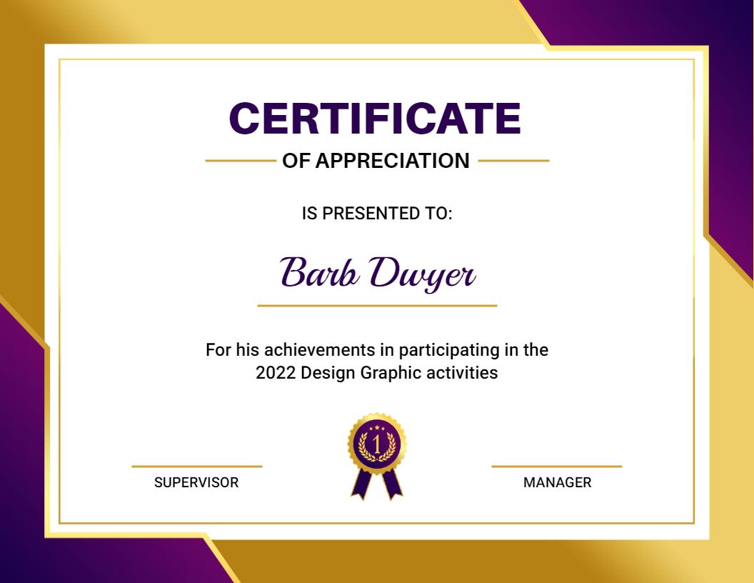 Elegant Purple and Gold Design Appreciation Certificate Template
