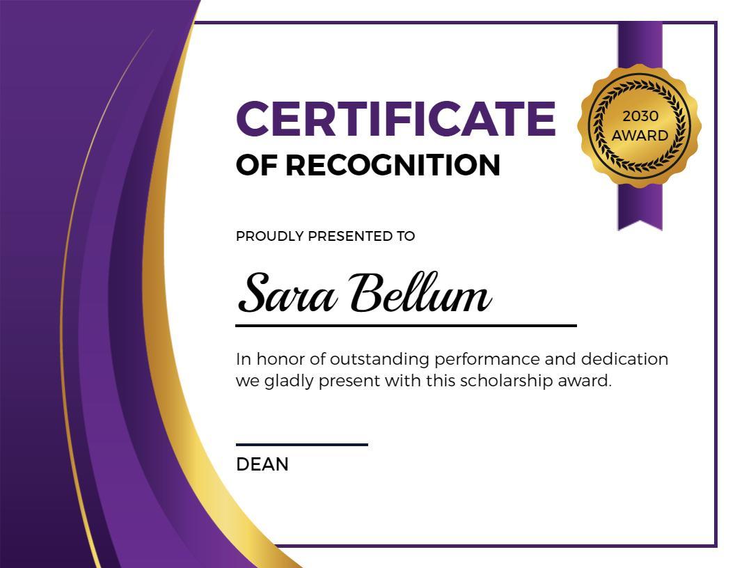 Elegant Purple and Gold Scholarship Award Recognition Certificate Template