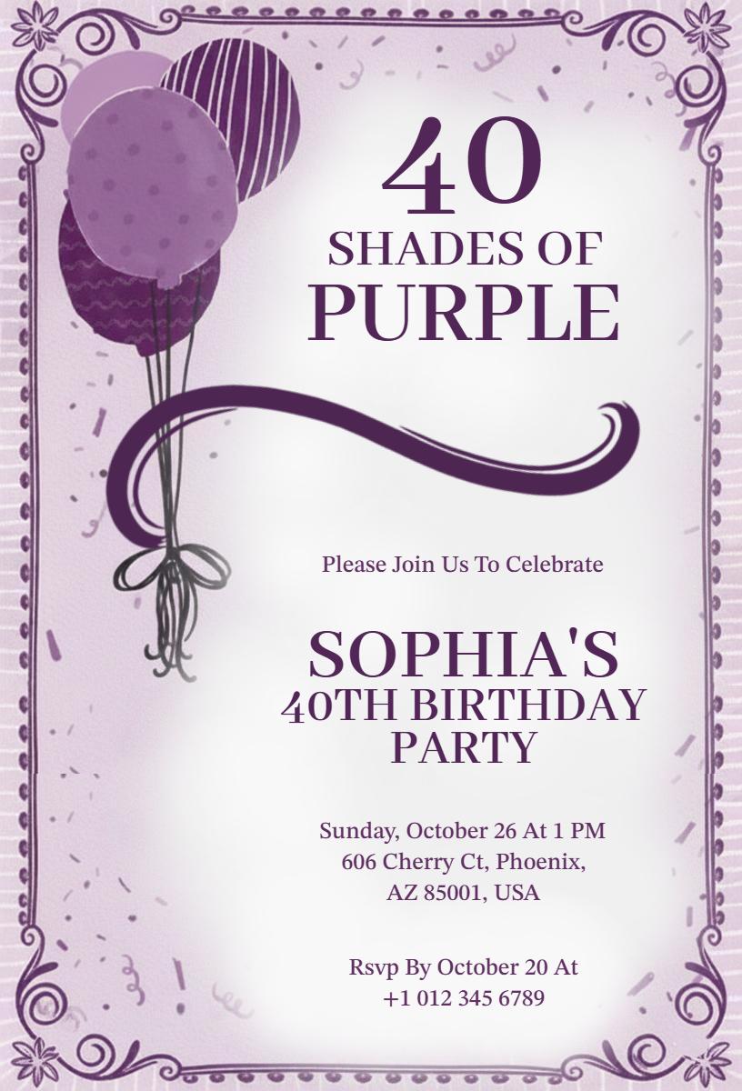 Elegant Purple Balloon 40th Birthday Celebration Invitation Template