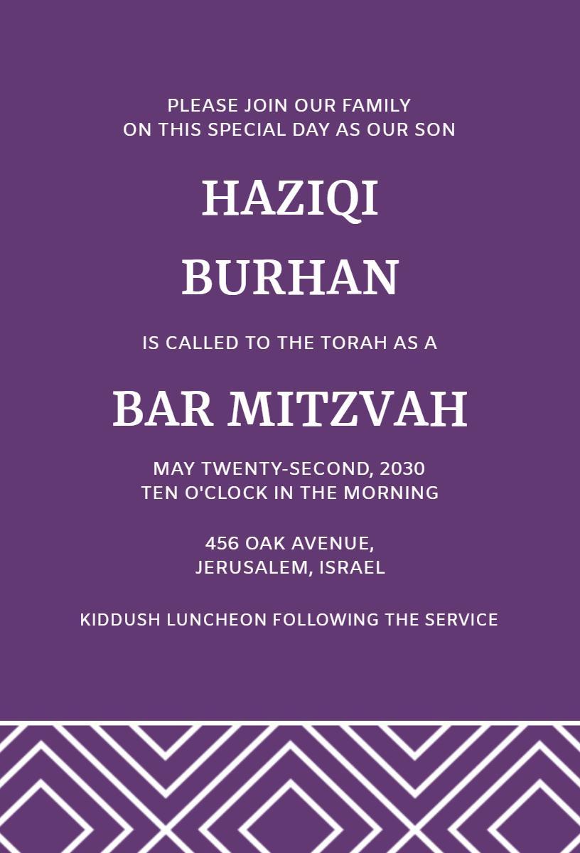 Elegant Purple Bar Mitzvah Celebration Family Invitation Template
