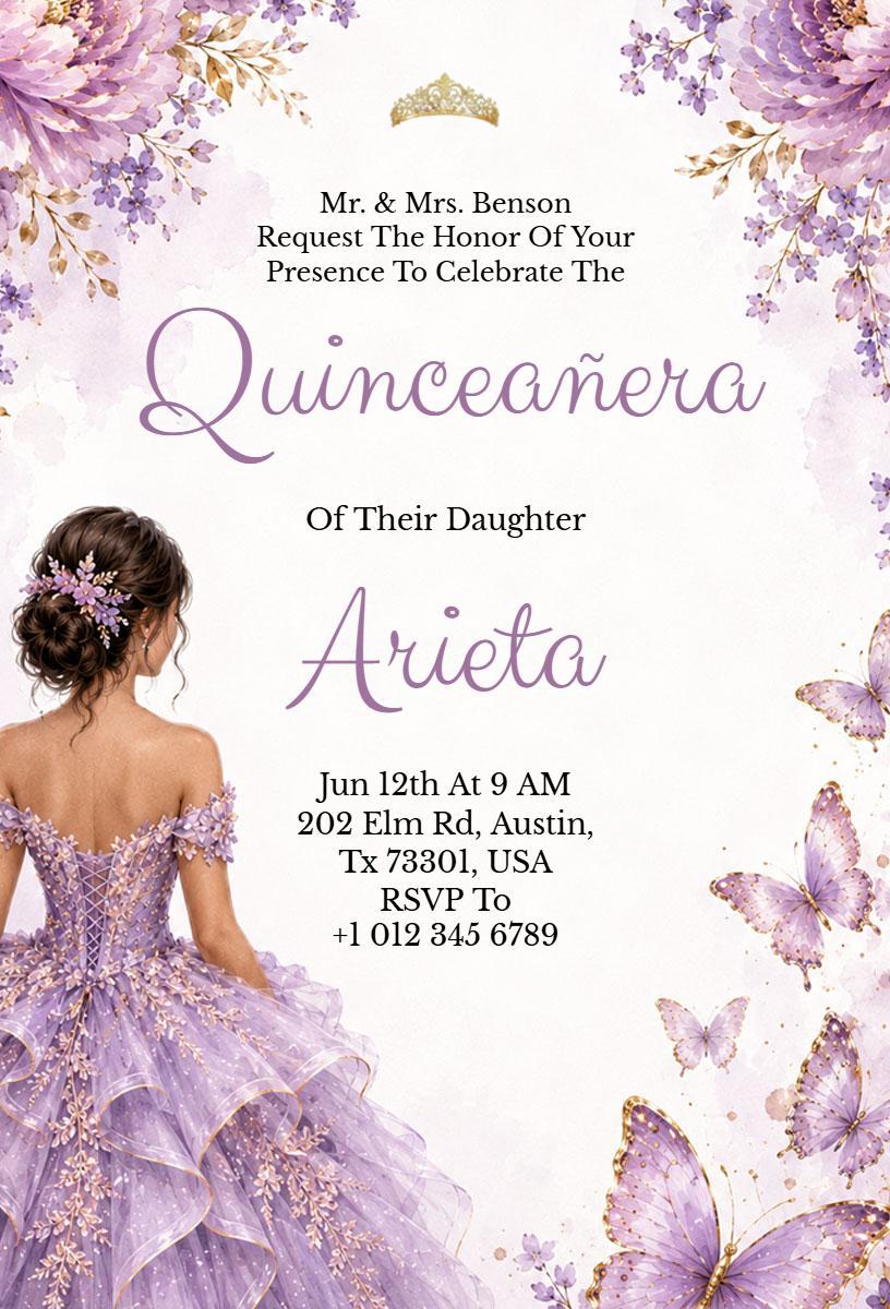 Elegant Purple Butterfly Quinceanera Celebration Invitation Template