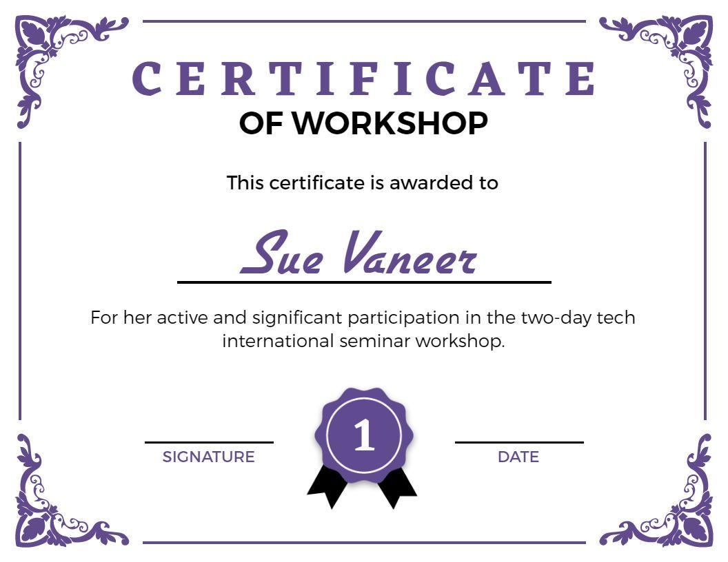 Elegant Purple Decorative Workshop Participation Certificate Template