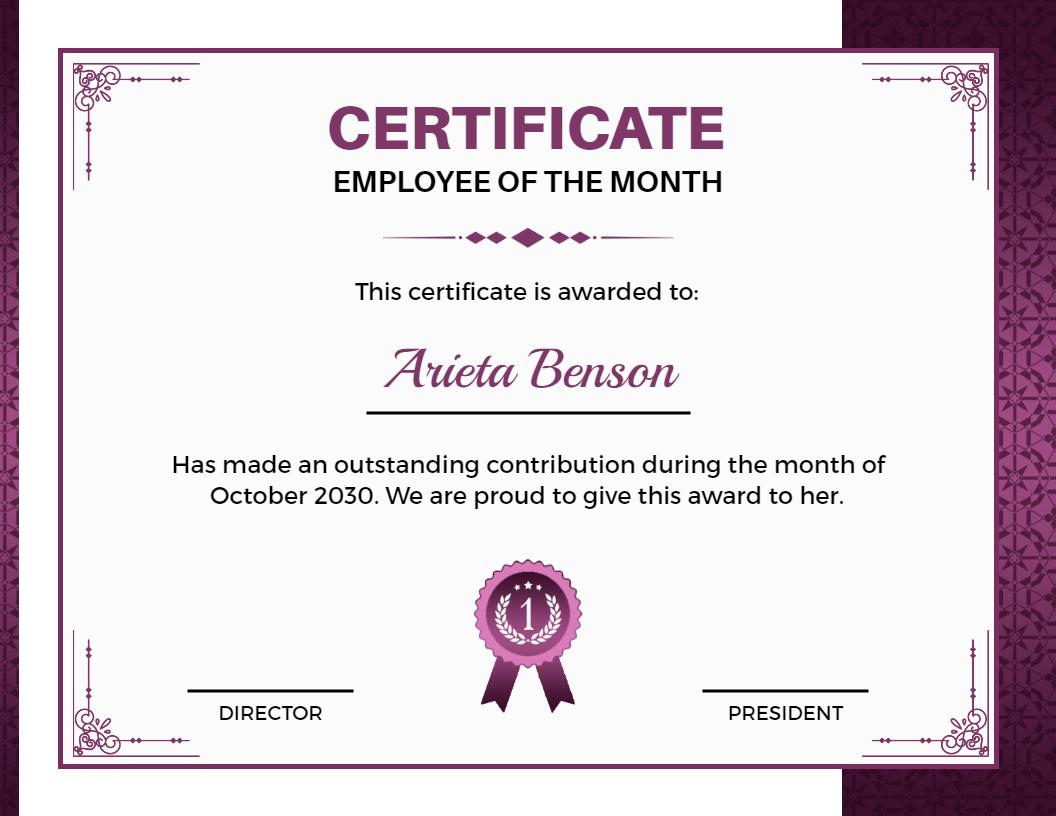 Elegant Purple Employee of the Month Recognition Certificate Template