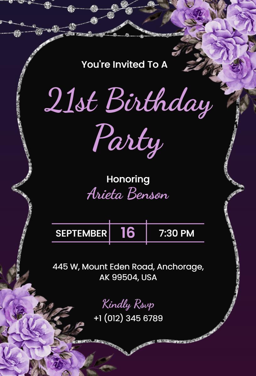 Elegant Purple Floral 21st Birthday Celebration Invitation Template