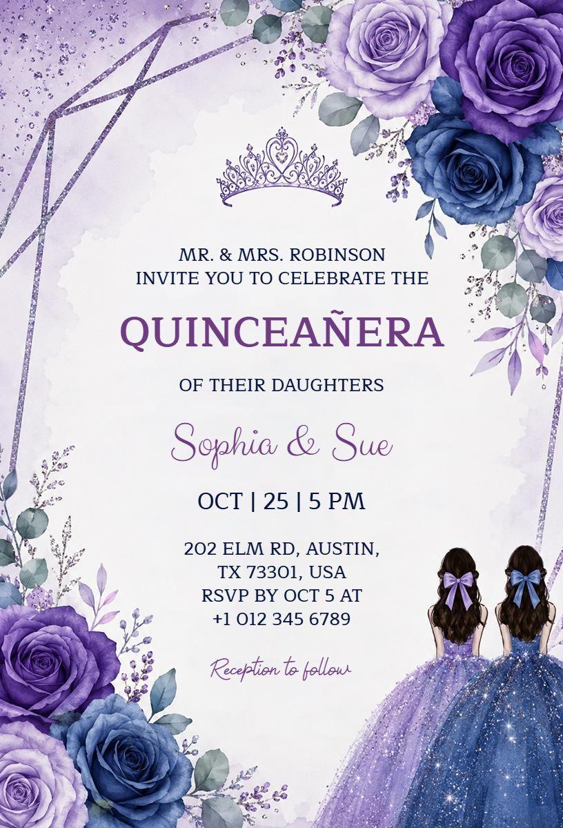 Elegant Purple Floral Quinceanera Celebration Invitation Template