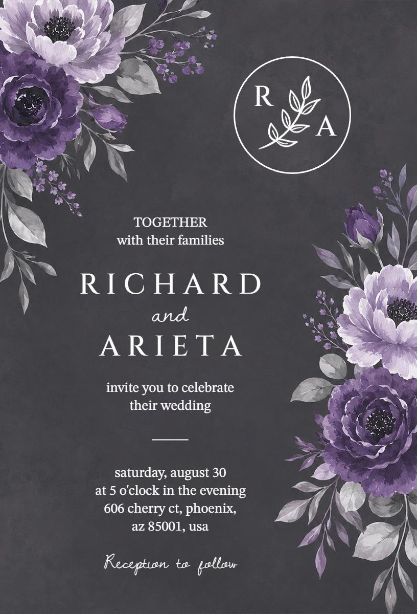 Elegant Purple Floral Wedding Ceremony Invitation Template