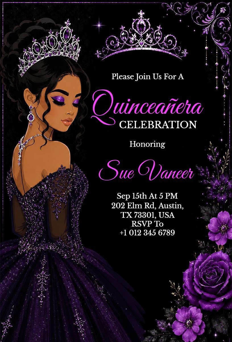 Elegant Purple Glamorous Quinceanera Celebration Invitation Template