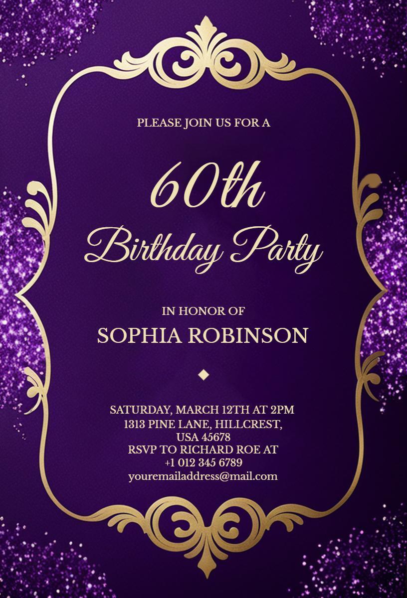 Elegant Purple Gold 60th Birthday Party Invitation Template