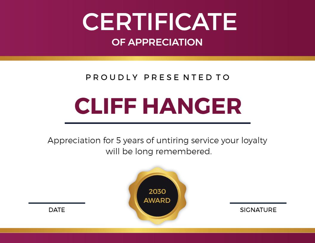 Elegant Purple Gold Appreciation Loyalty Service Certificate Template