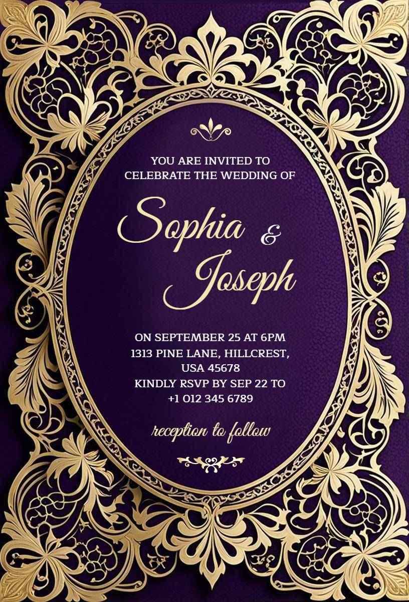 Elegant Purple Golden Wedding Celebration Invitation Template