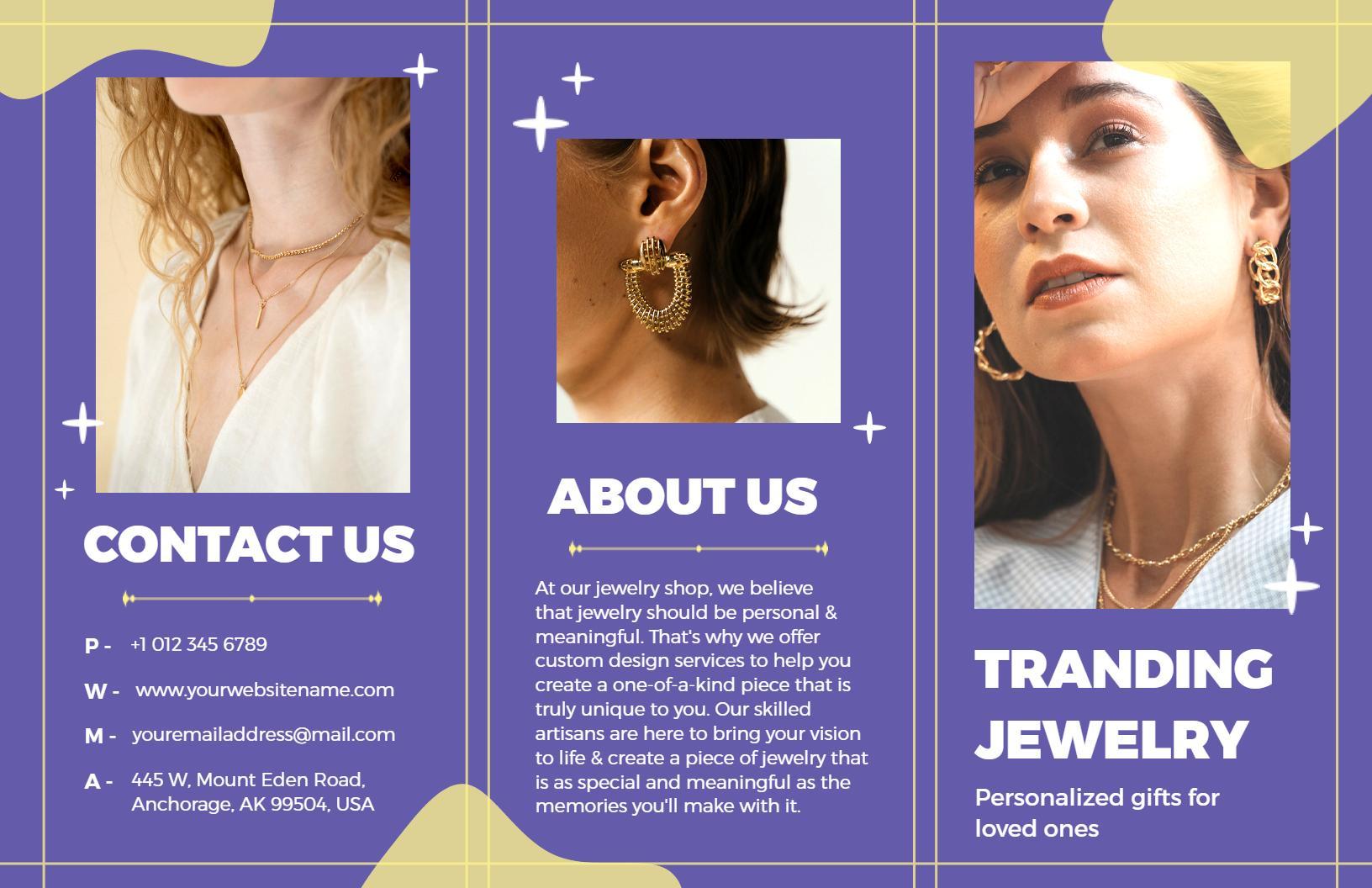 Elegant Purple Jewelry Shop Personalized Gifts and Accessories Brochure Template