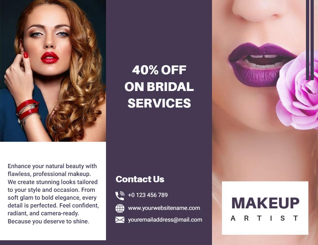 Elegant Purple Makeup Artist Bridal Services Tri Fold Brochure Template