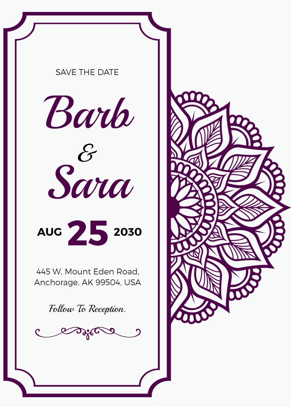 Elegant Purple Mandala Wedding Celebration Invitation Template