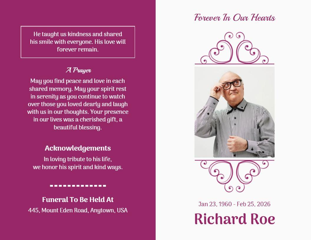 Elegant Purple Memorial Service Tribute Brochure Template