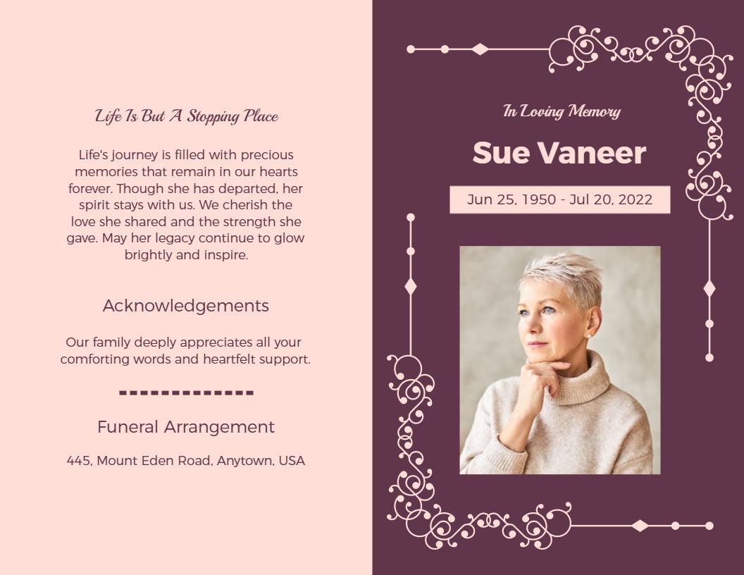 Elegant Purple Memorial Tribute and Funeral Arrangement Brochure Template