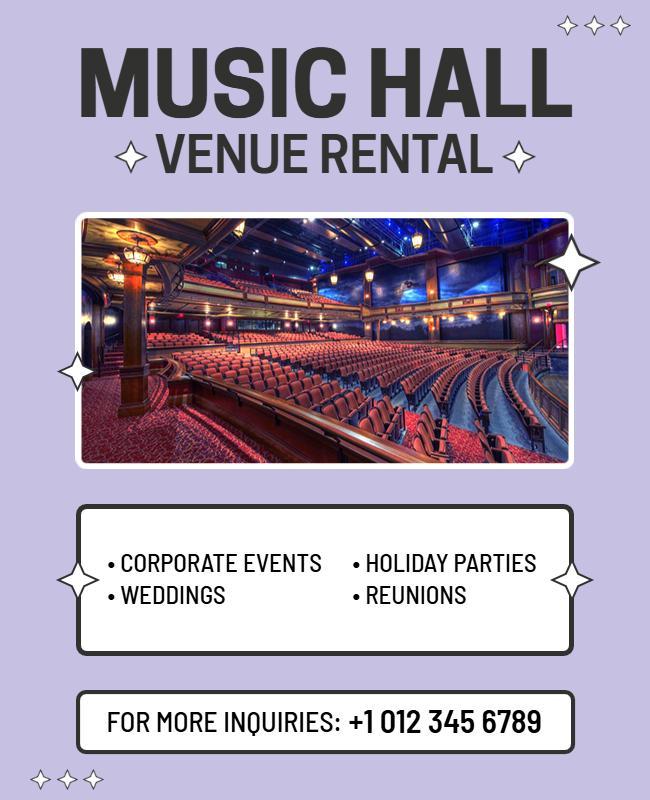 Elegant Purple Music Hall Venue Rental Poster Template