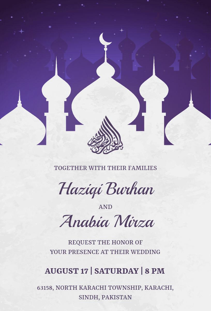 Elegant Purple Muslim Wedding Celebration Invitation Template