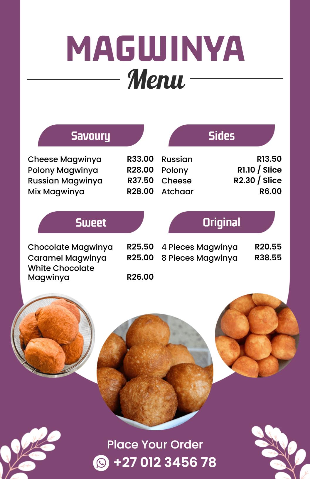 Elegant Purple Theme Traditional Magwinya Food Menu Template