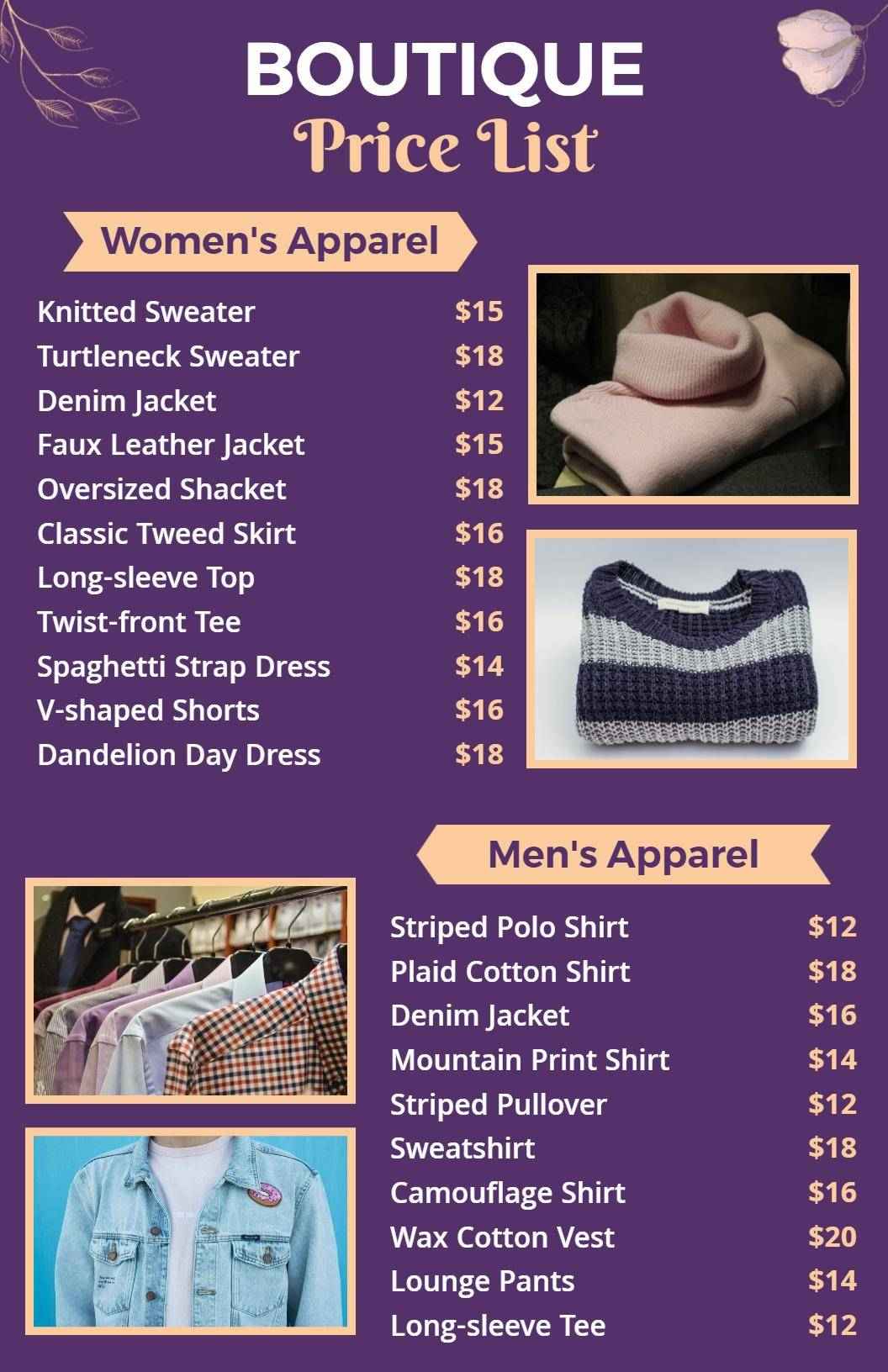 Elegant Purple Women's and Men's Clothing Price List Template