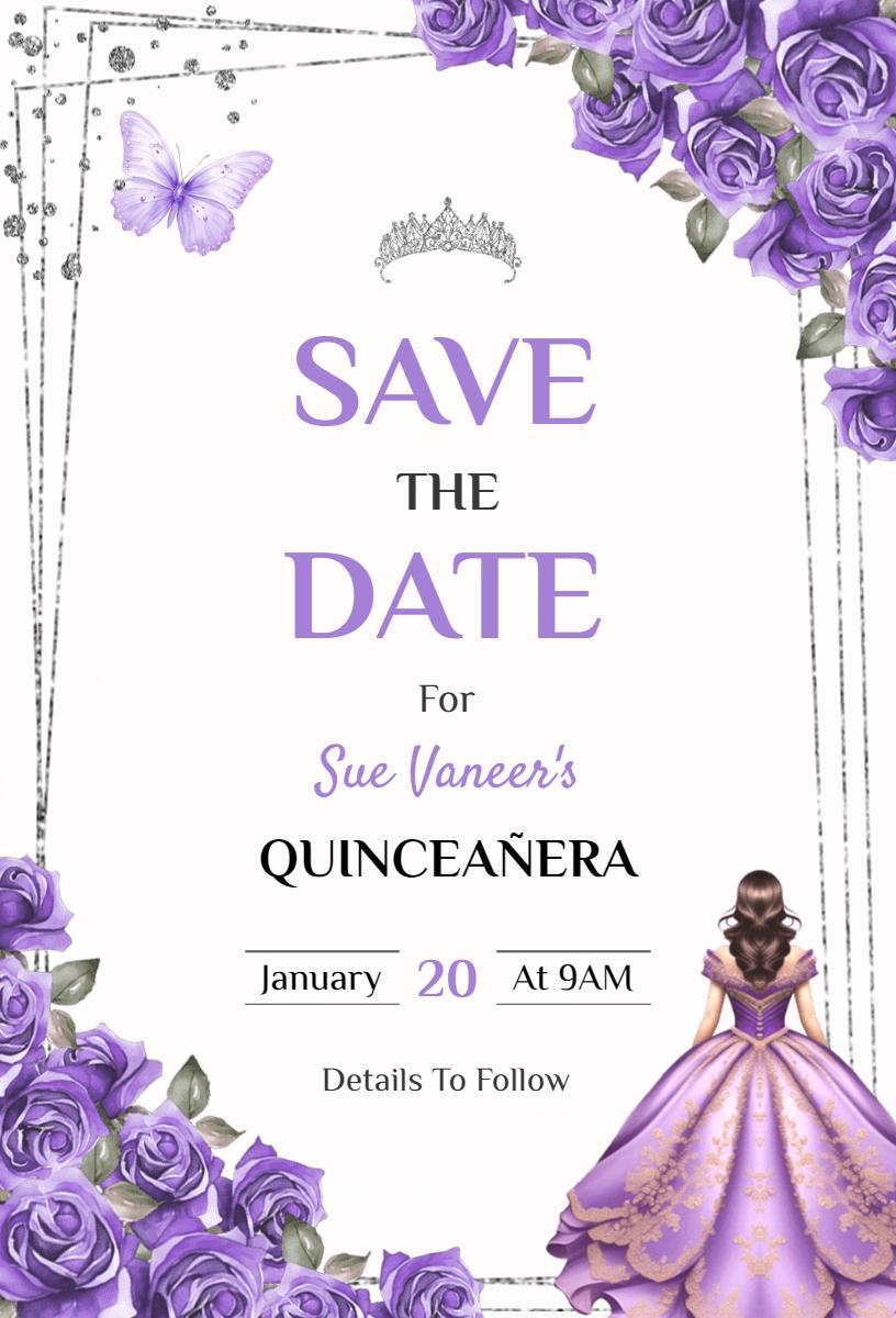 Elegant Quinceañera Royal Purple Save The Date Invitation Template