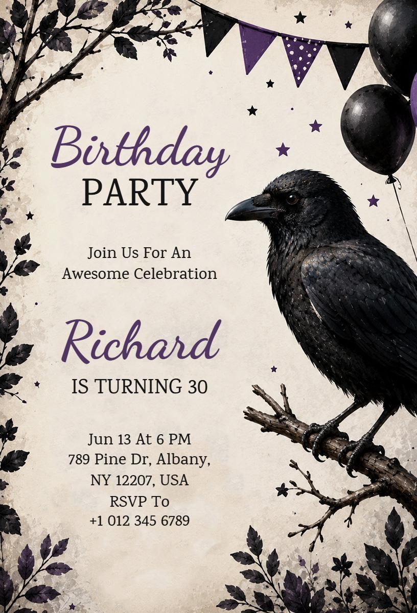 Elegant Raven Themed 30th Birthday Celebration Invitation Template