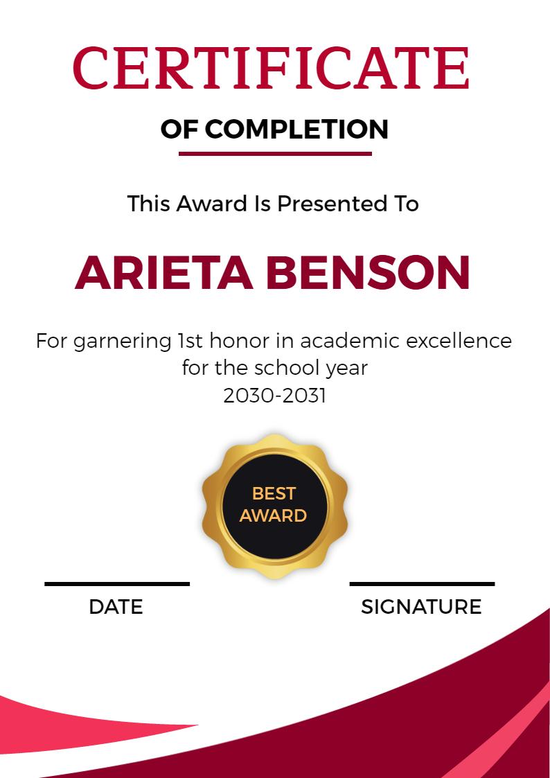 Elegant Red Academic Excellence Completion Certificate Template
