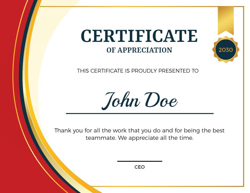 Elegant Red and Gold Appreciation Teammate Certificate Template