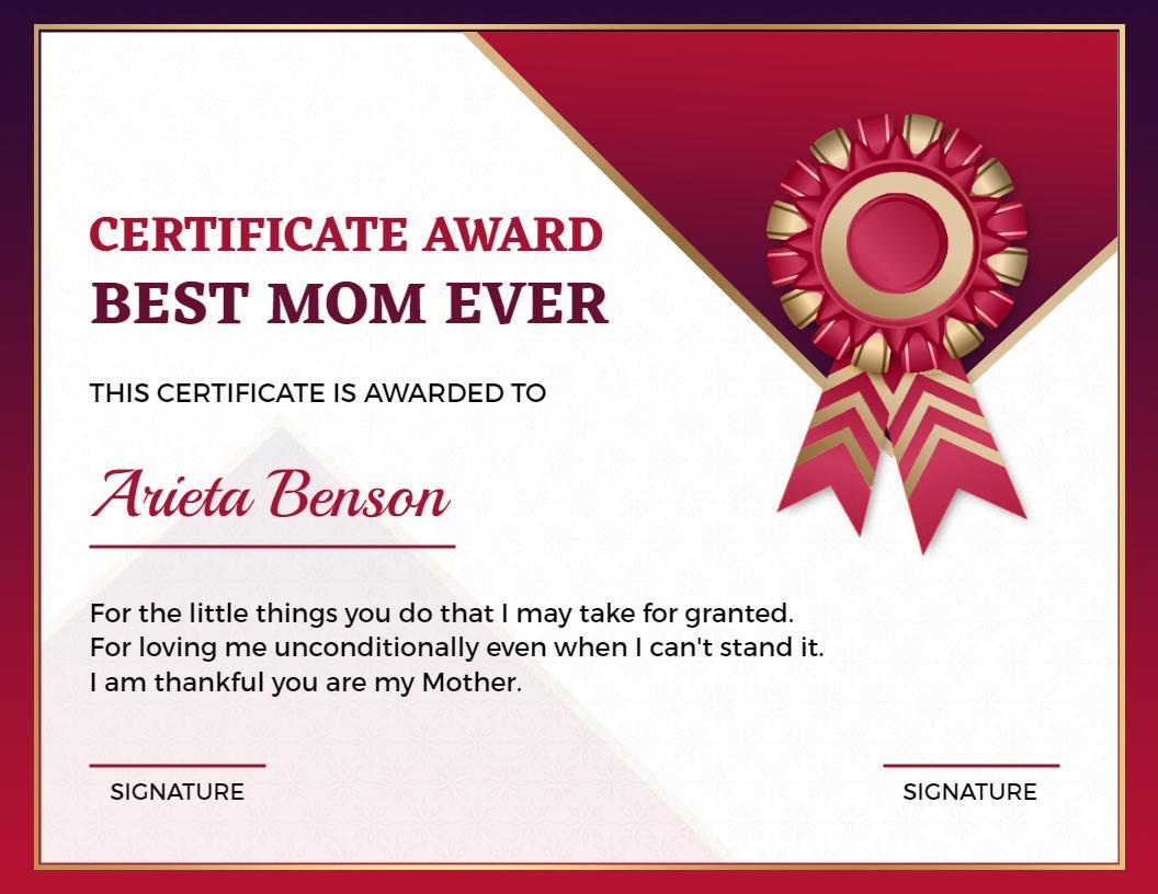 Elegant Red and Gold Best Mom Award Certificate Template