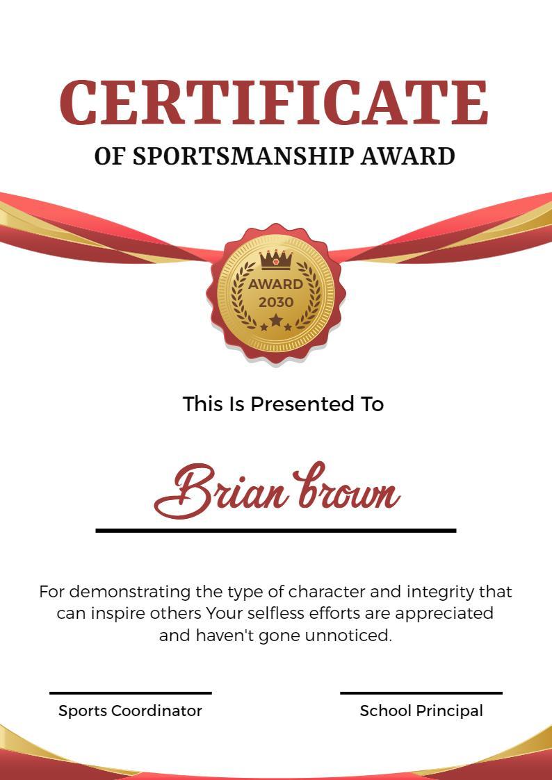Elegant Red and Gold Sportsmanship Award Certificate Template