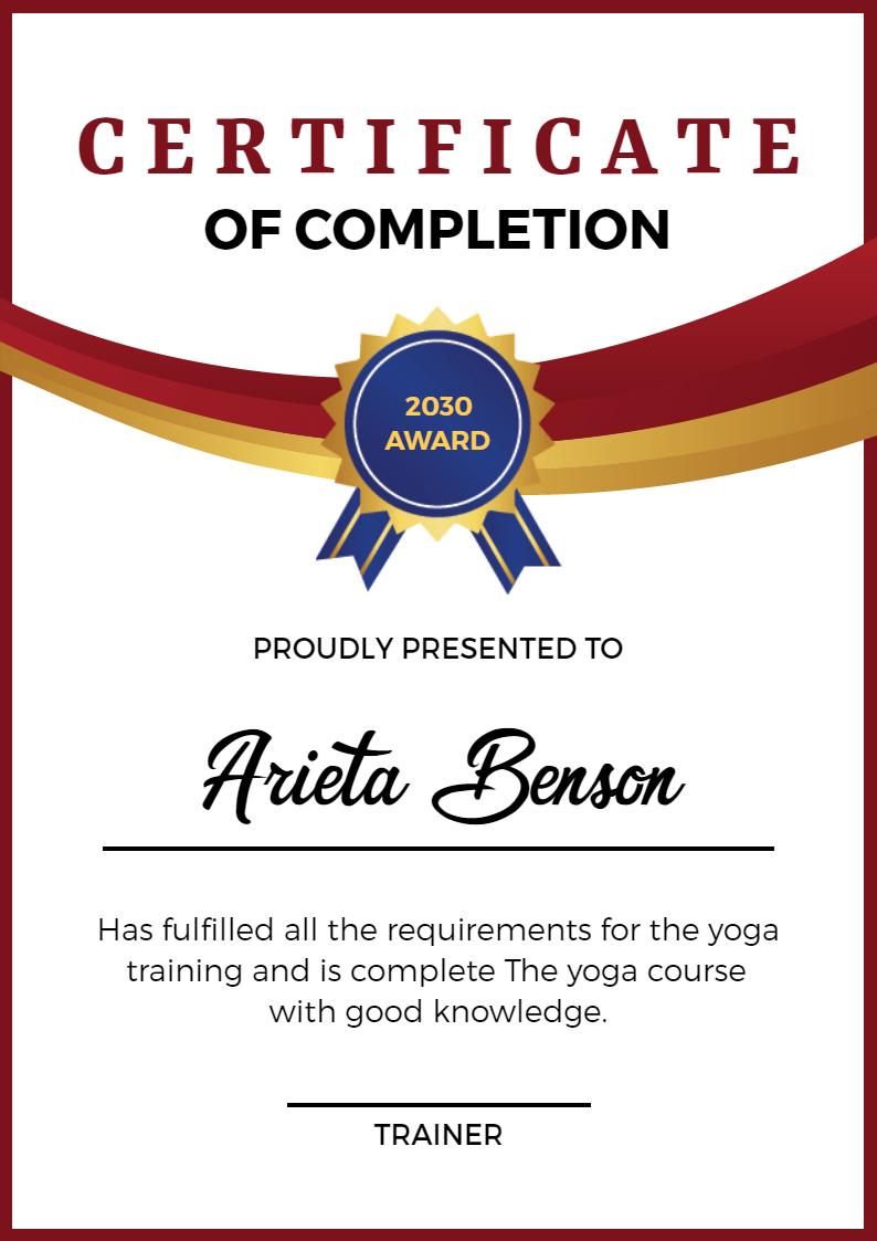 Elegant Red and Gold Yoga Training Completion Certificate Template