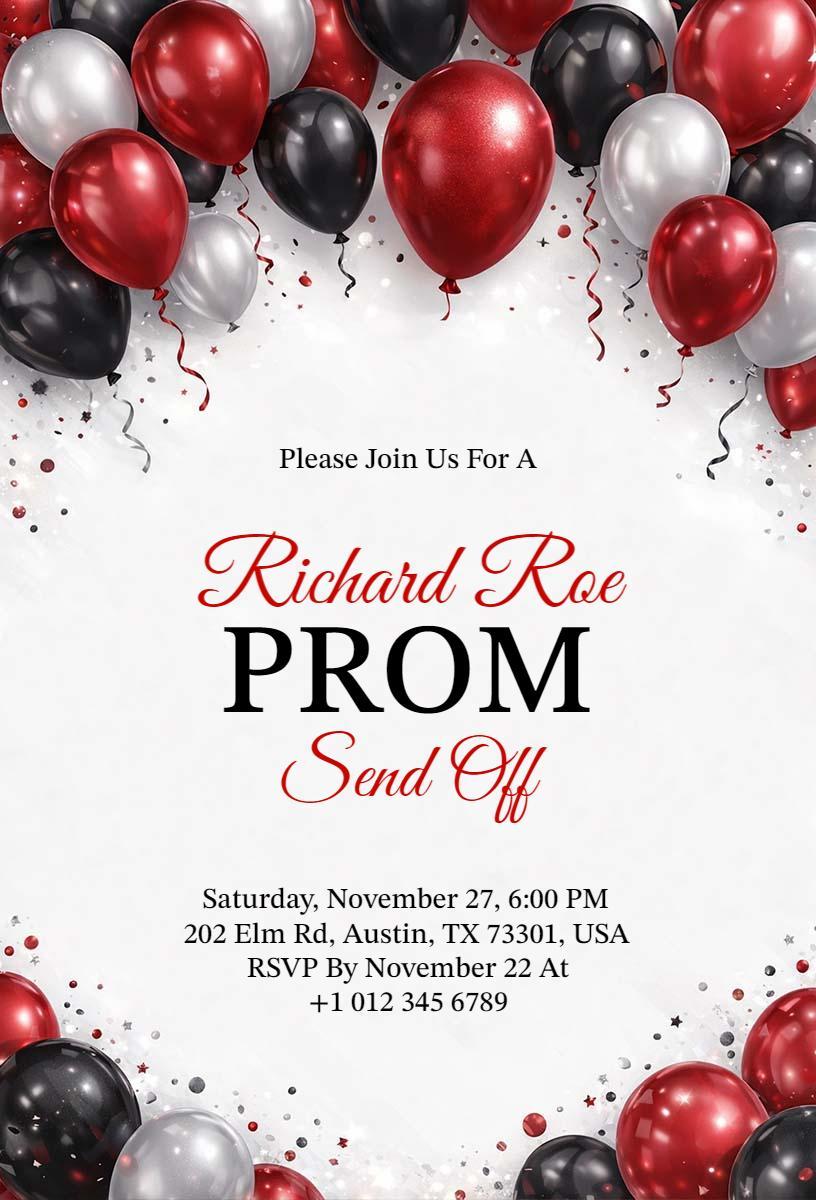 Elegant Red and Silver Balloon Prom Send Off Invitation Template