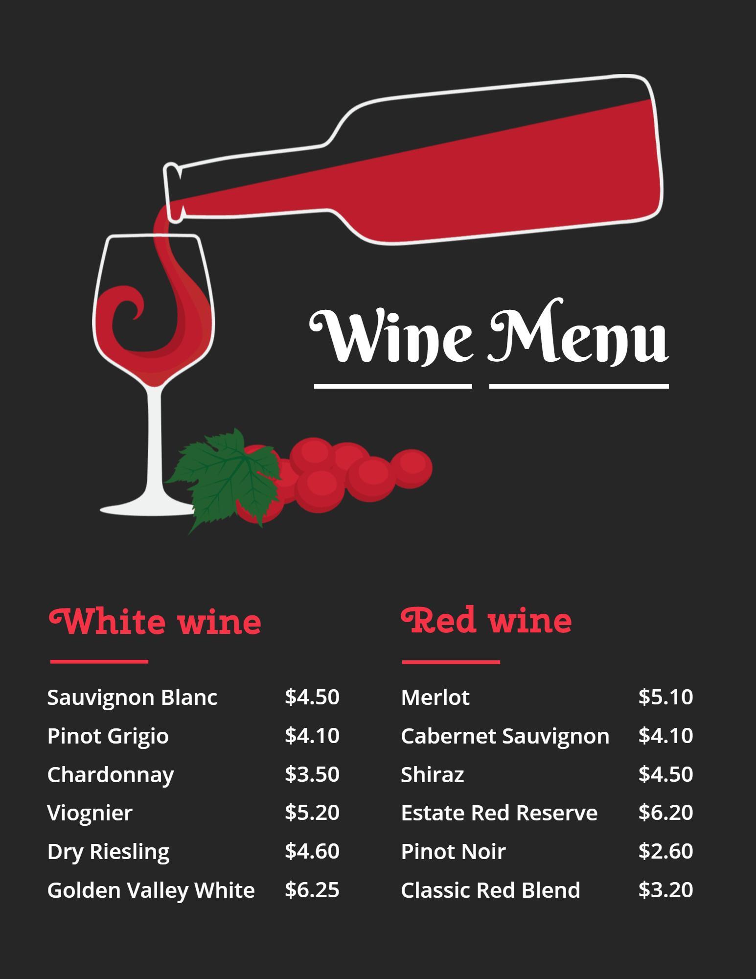 Elegant Red and White Wine Selections Featuring Classic Choices Wine Menu Template