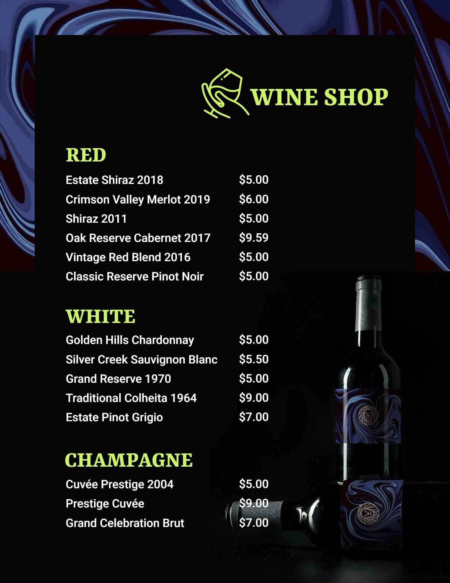 Elegant Red and White Wine Selections with Champagne Wine Menu Template